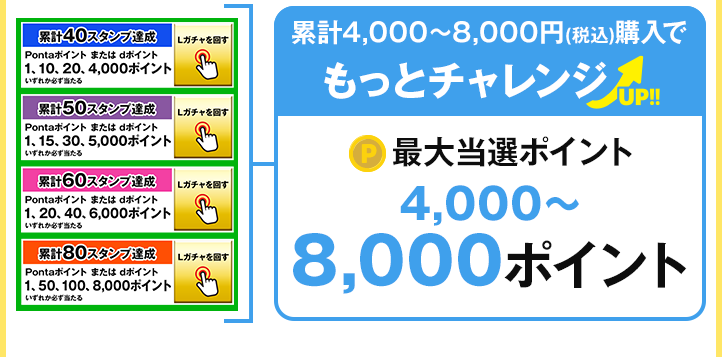 累計4,000～8,000円(税込)購入でもっとチャレンジ 最大当選ポイント4,000～8,000ポイント