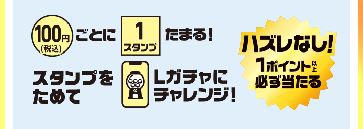  100円(税込)ごとに1スタンプたまる！ スタンプをためてLガチャにチャレンジ！ ハズレなし！ 1ポイント以上必ず当たる