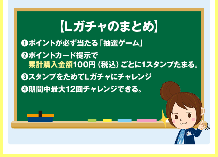 【Lガチャのまとめ】 1 ポイントが必ず当たる「抽選ゲーム」 2 ポイントカード提示で累計購入金額100円（税込）ごとに1スタンプたまる。 3 スタンプをためてLガチャにチャレンジ。 4 期間中最大12回チャレンジできる。
