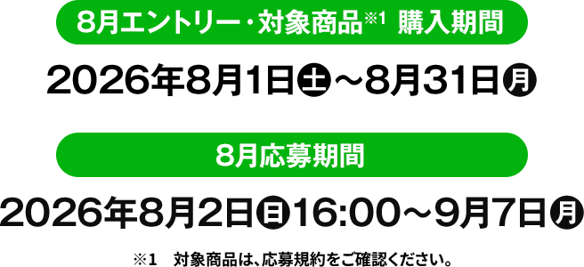 8月エントリー・対象商品※1 購入期間 2026年8月1日(土)〜8月31日(月) 8月応募期間 2026年8月2日(日)16:00〜9月7(月) ※1　対象商品は、応募規約をご確認ください。