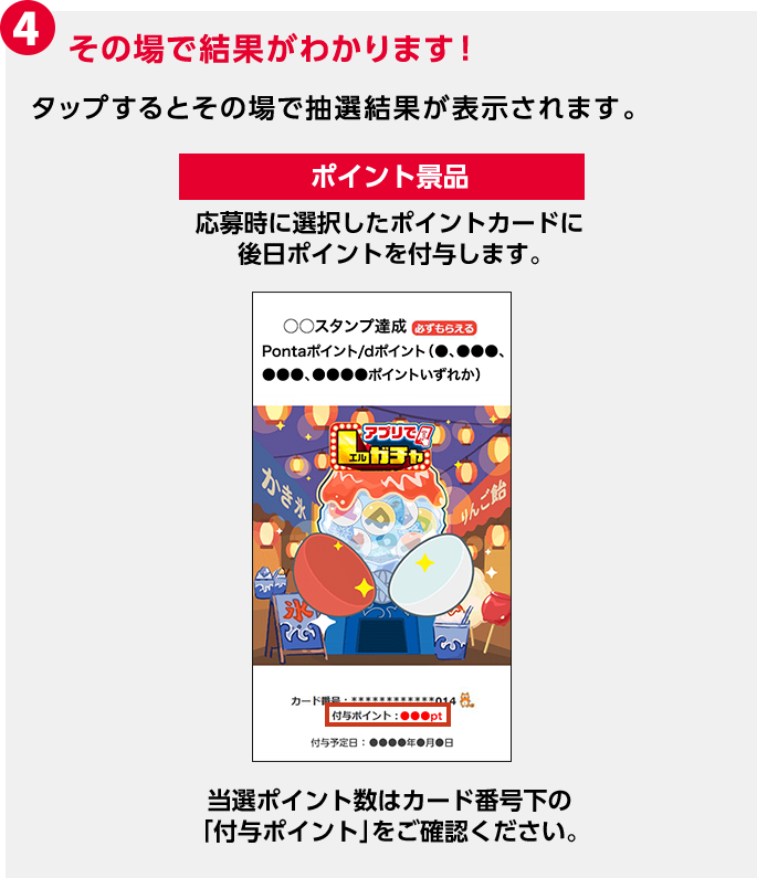 4 その場で結果がわかります！ タップするとその場で抽選結果が表示されます。 ポイント景品 応募時に選択したポイントカードに後日ポイントを付与します。 当選ポイント数はカード番号下の「付与ポイント」をご確認ください。