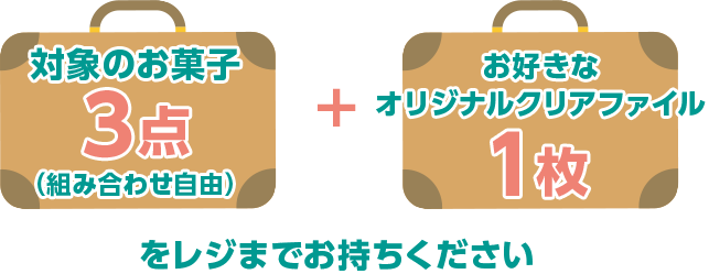 対象のお菓子3点(組み合わせ自由) + お好きなオリジナルクリアファイル1枚をレジまでお持ちください