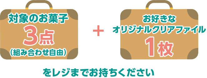 対象のお菓子3点(組み合わせ自由) + お好きなオリジナルクリアファイル1枚をレジまでお持ちください