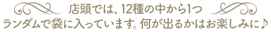 店頭では、12種の中から1つランダムで袋に入っています。何が出るかはお楽しみに♪