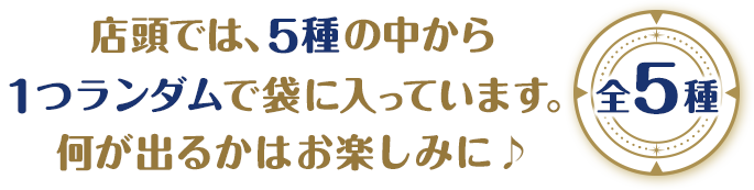 店頭では、5種の中から1つランダムで袋に入っています。何が出るかはお楽しみに♪ 全5種