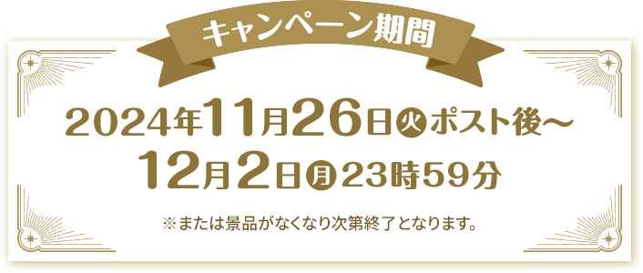 キャンペーン期間 2024年11月26日(火)ポスト後〜12月2日(月)23時59分 ※または景品がなくなり次第終了となります。