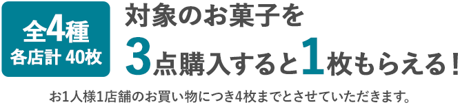 全4種 各店計 40枚 対象のお菓子を3点購入すると1枚もらえる! お1人様1店舗のお買い物につき4枚までとさせていただきます。