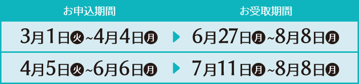 お申込み期間 3月1日(火)〜4月4日(月) 4月5日(火)〜6月6日(月) お受取期間 6月27日(月)〜8月8日(月) 7月11日(月)〜8月8日(月)