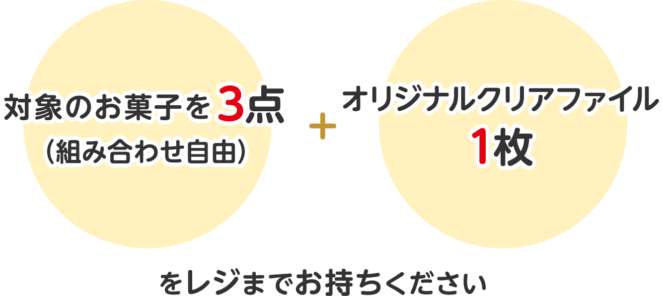 対象のお菓子を3点（組み合わせ自由）＋オリジナルクリアファイル1枚をレジまでお持ちください