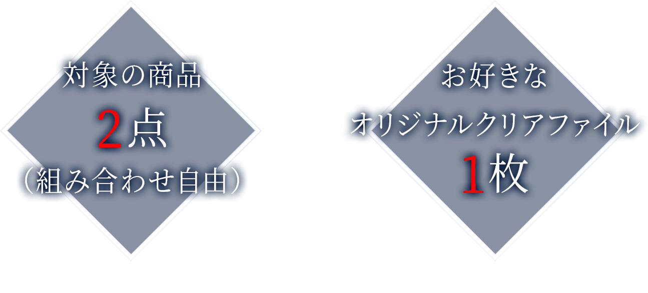 対象の商品2点（組み合わせ自由）＋お好きなオリジナルクリアファイル1枚をレジまでお持ちください