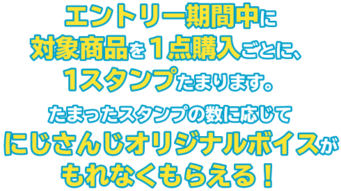エントリー期間中に対象商品を１点購入ごとに、１スタンプたまります。たまったスタンプの数に応じてにじさんじオリジナルボイスがもれなくもらえる！