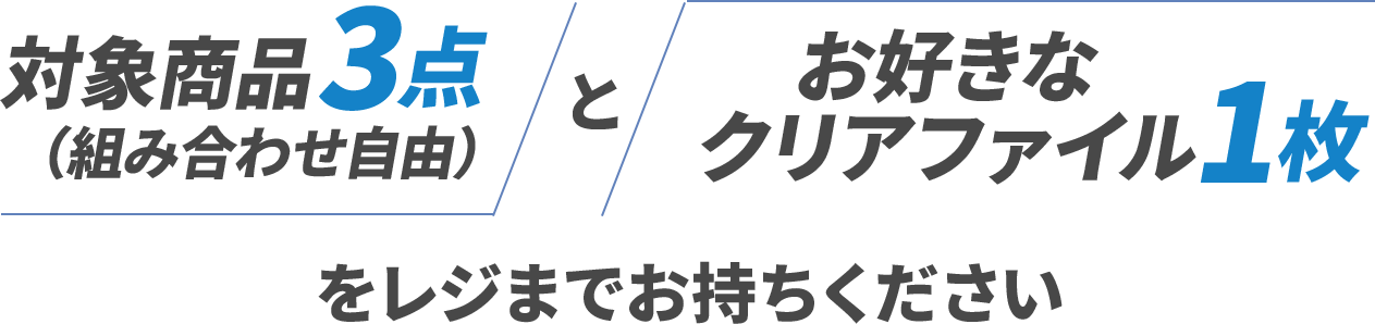 対象商品3点（組み合わせ自由）とお好きなクリアファイル1枚をレジまでお持ちください