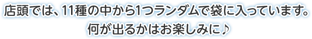 店頭では、11種の中から1つランダムで袋に入っています。何が出るかはお楽しみに♪
