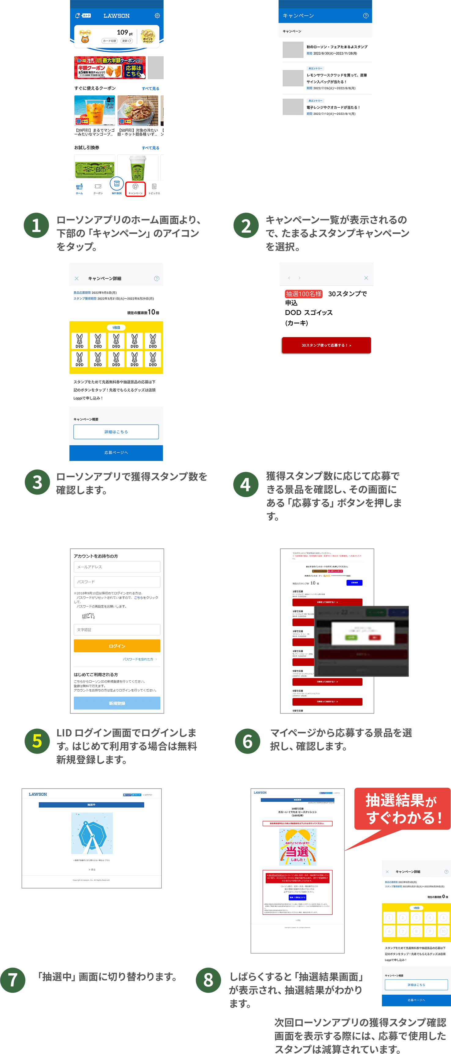 （1）ローソンアプリのホーム画面より、下部の「キャンペーン」のアイコンをタップ。（2）キャンペーン一覧が表示されるので、たまるよスタンプキャンペーンを選択。（3）ローソンアプリで獲得スタンプ数を確認します。（4）獲得スタンプ数に応じて応募できる景品を確認し、その画面にある「応募する」ボタンを押します。（5）LID ログイン画面でログインします。はじめて利用する場合は無料新規登録します。（6）マイページから応募する景品を選択し、確認します。（7）「抽選中」画面に切り替わります。（8）しばらくすると「抽選結果画面」が表示され、抽選結果がわかります。次回ローソンアプリの獲得スタンプ確認画面を表示する際には、応募で使用したスタンプは減算されています。