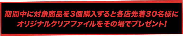 期間中に対象商品を3個購入すると各店先着30名様にオリジナルクリアファイルをその場でプレゼント!