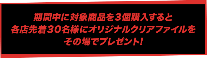 期間中に対象商品を3個購入すると各店先着30名様にオリジナルクリアファイルをその場でプレゼント!