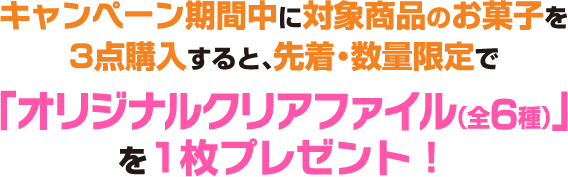 キャンペーン期間中に対象の即席めんを2点購入すると、先着・数量限定で「オリジナルクリアファイル(全5種)」を1枚プレゼント!
