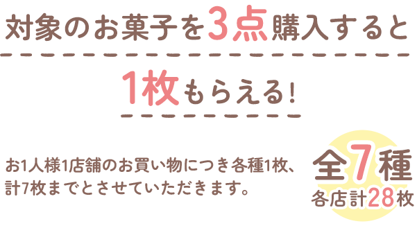 対象のお菓子を3点購入すると1枚もらえる! お1人様1店舗のお買い物につき各種1枚、計7枚までとさせていただきます。 全7種 各店計28枚