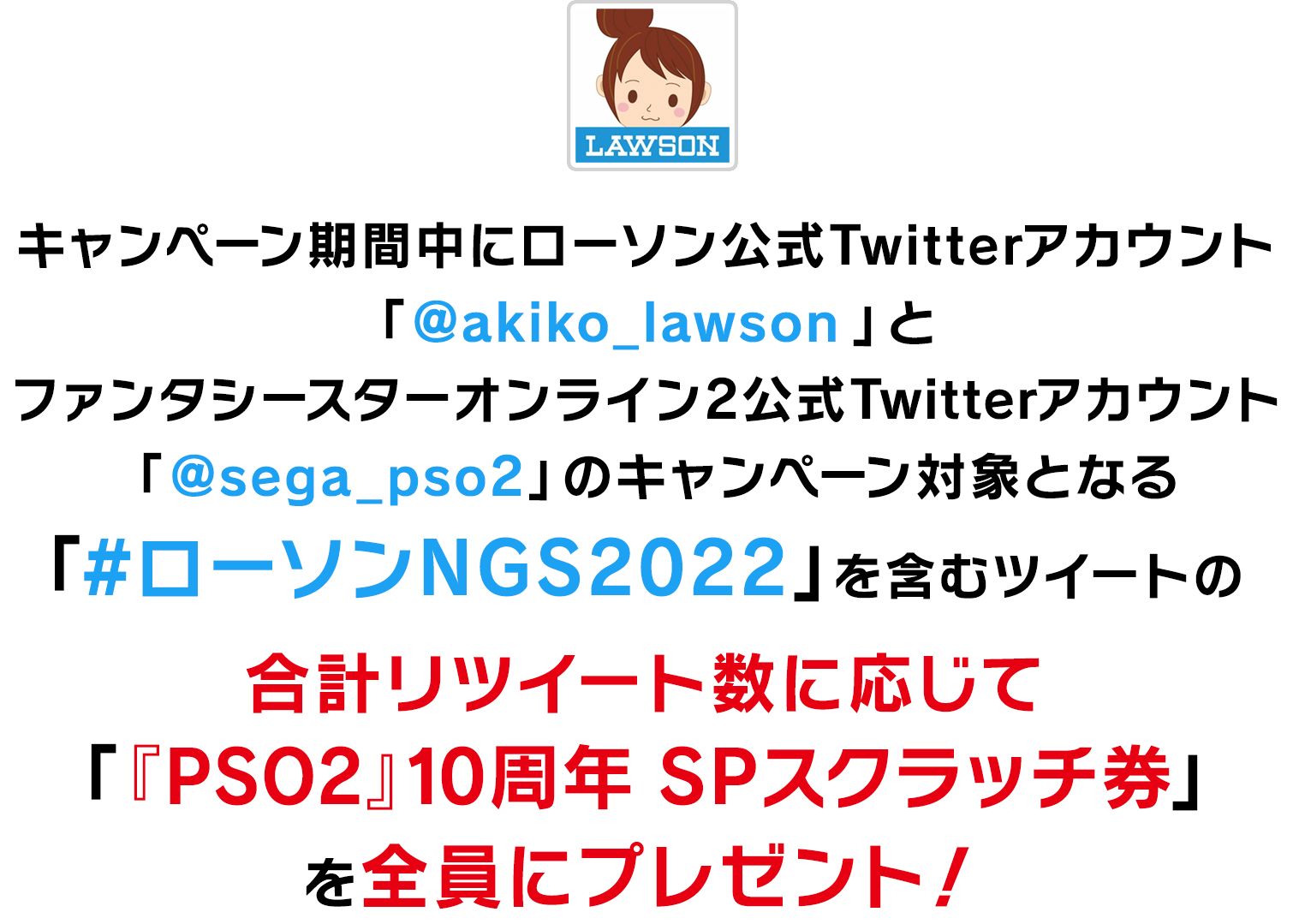 キャンペーン期間中にローソン公式Twitterアカウント「@akiko_lawson」とファンタシースターオンライン2公式Twitterアカウント
                「@sega_pso2」のキャンペーン対象となる「#ローソンNGS2022」を含むツイートの合計リツイート数に応じて
                「『PSO2』10周年 SPスクラッチ券」を全員にプレゼント！