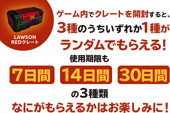 ゲーム内でクレートを開封すると、3種のうちいずれか1種がランダムでもらえる！使用期限も 7日間　14日間　30日間の3種類なにがもらえるかはお楽しみに！