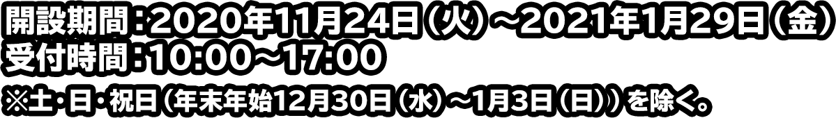 開設期間：2020年11月24日（火）～2021年1月29日（金）　受付時間：10:00～17:00　※土・日・祝日（年末年始12月30日（水）〜1月3日（日））を除く。