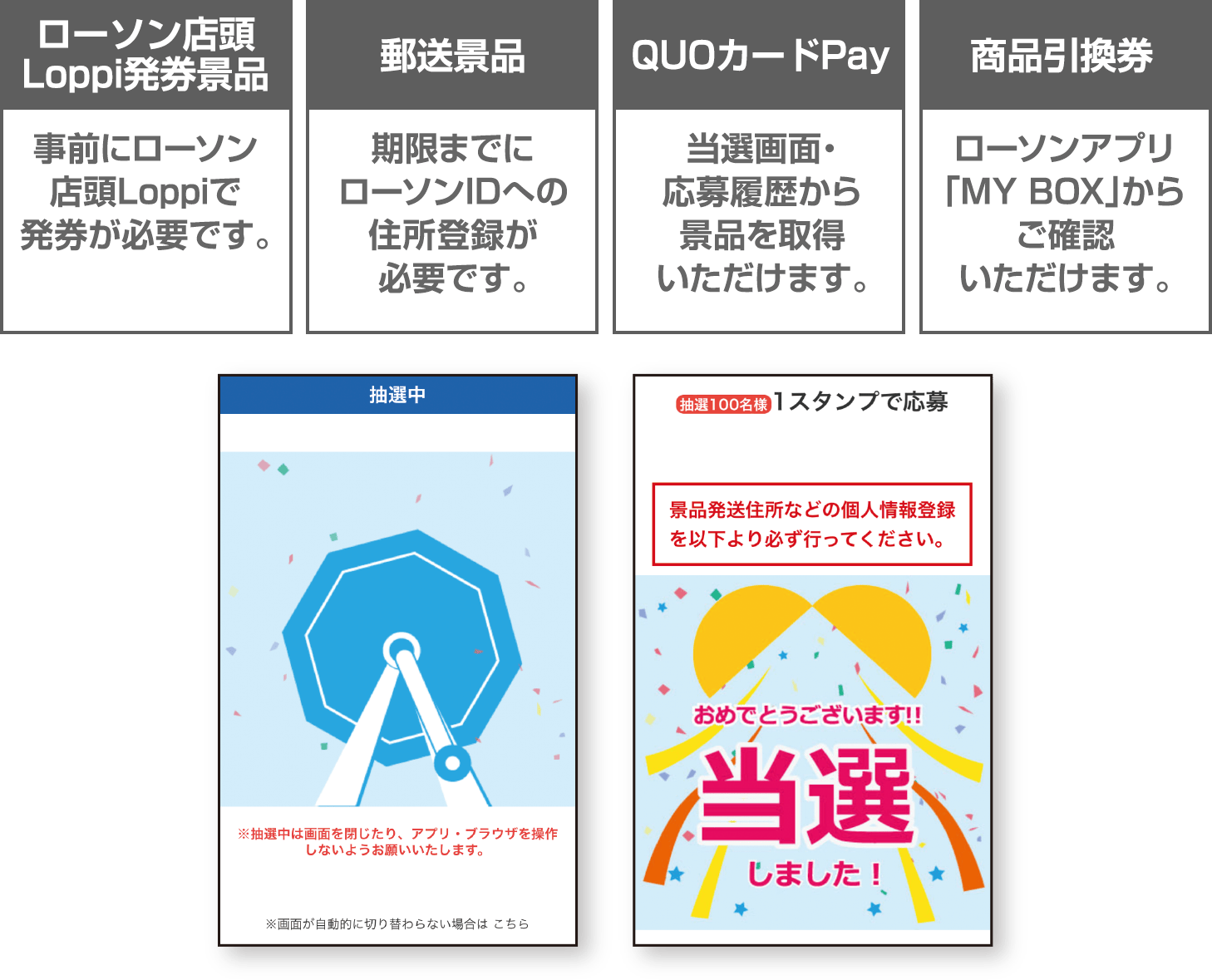【ローソン店頭Loppi発券景品】事前にローソン店頭Loppiで発券が必要です。【郵送景品】期限までにローソンIDへの住所登録が必要です。【QUOカードPay】当選画面・応募履歴から景品を取得いただけます。【商品引換券】ローソンアプリ「MY BOX」からご確認いただけます。