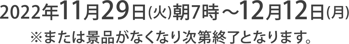 2022年11月29日(火)朝7時～12月12日(月)※または景品がなくなり次第終了となります。