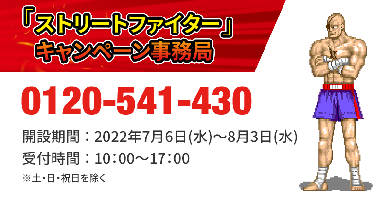 「ストリートファイター」キャンペーン事務局 0120-541-430 開設期間 ： 2022年7月6日(水)～8月3日(水) 受付時間 ： 10：00～17：00 ※土・日・祝日を除く