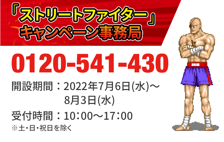 「ストリートファイター」キャンペーン事務局 0120-541-430 開設期間 ： 2022年7月6日(水)～8月3日(水) 受付時間 ： 10：00～17：00 ※土・日・祝日を除く