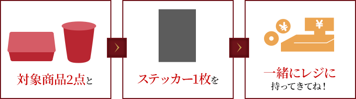 対象商品2点とステッカー1枚を一緒にレジに持ってきてね！