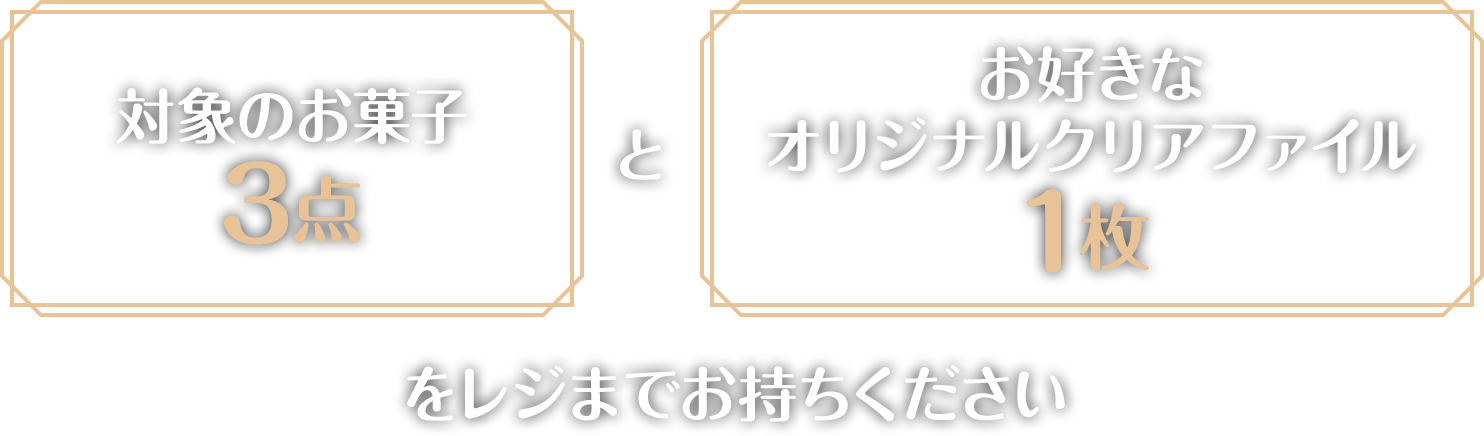 対象のお菓子3点とお好きなオリジナルクリアファイル1枚をレジまでお持ちください