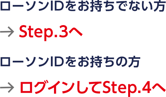 ローソンIDをお持ちでない方＞Step.3へ／ローソンIDをお持ちの方＞ログインしてStep.4へ