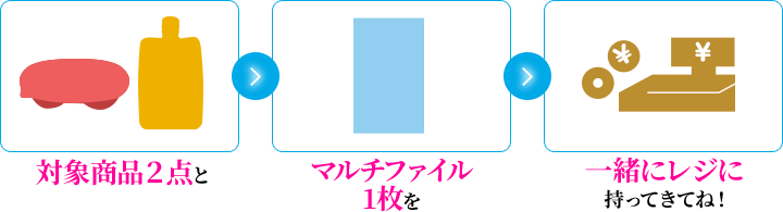 対象商品２点とマルチファイル1枚を一緒にレジに持ってきてね！