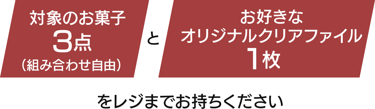 対象のお菓子3点（組み合わせ自由）とお好きなオリジナルクリアファイル1枚をレジまでお持ちください