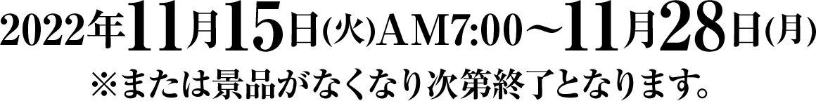 2022年11月15日(火)AM7:00～11月28日(月)※または景品がなくなり次第終了となります。