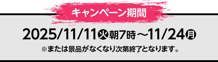 キャンペーン期間 2025/11/11(火)朝7時〜11/24(月) ※または景品がなくなり次第終了となります。