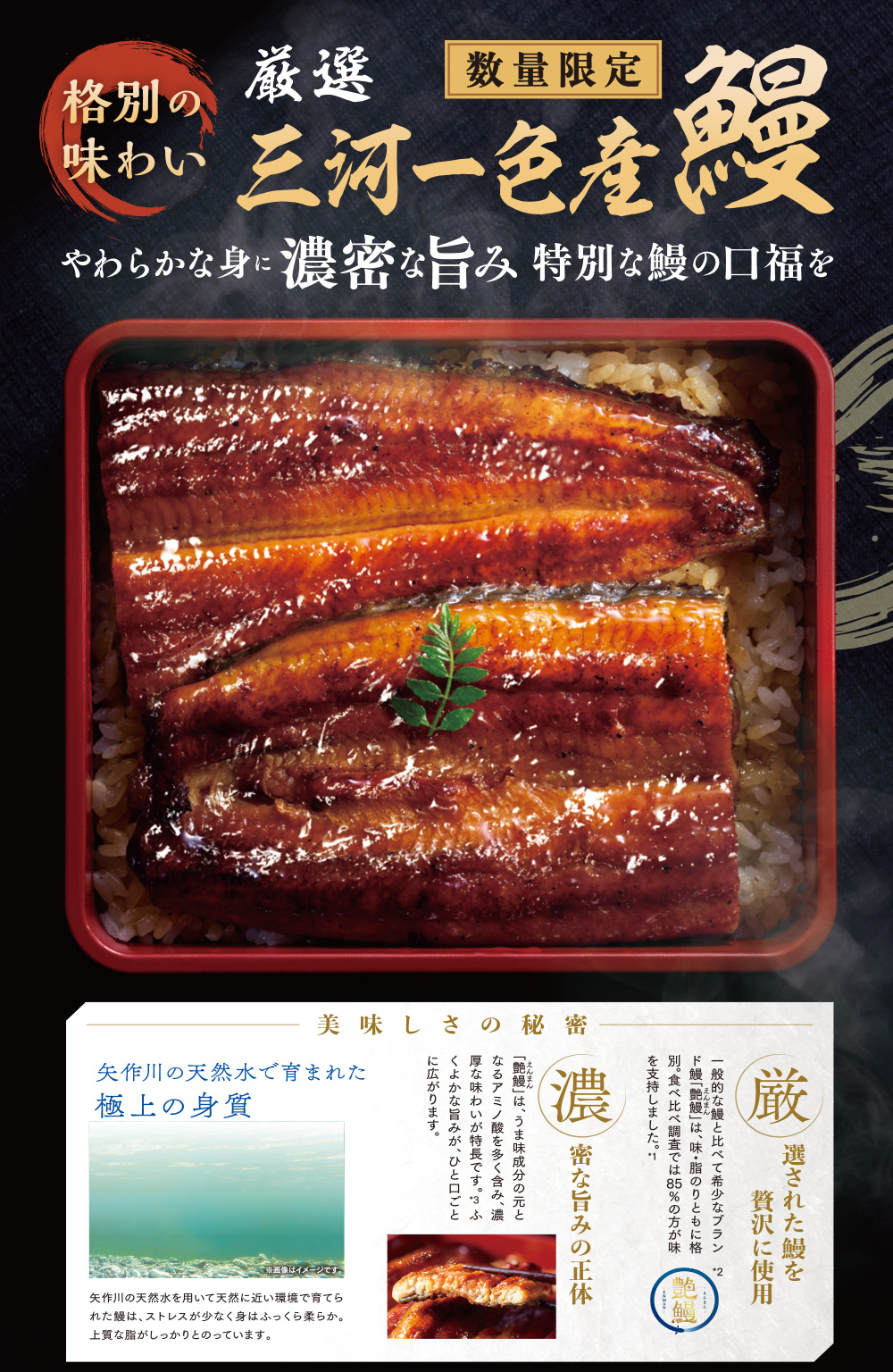 格別の味わい　厳選　数量限定　三河一色産鰻　やわらかな身に濃密な旨み特別な鰻の口福を