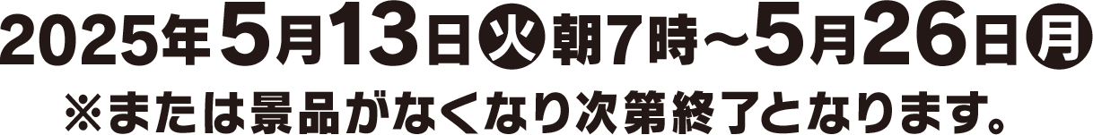 2025年5月13日(火)朝7時〜5月26日(月) ※または景品がなくなり次第終了となります。
