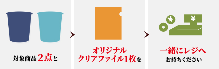 対象商品2点とオリジナルクリアファイル1枚を一緒にレジへお持ちください