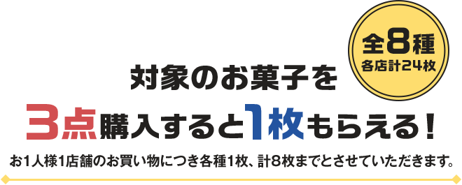 対象のお菓子を3点購入すると1枚もらえる! 全8種 各店計24枚 ※お1人様1店舗のお買い物につき各種1枚、計8枚までとさせていただきます。