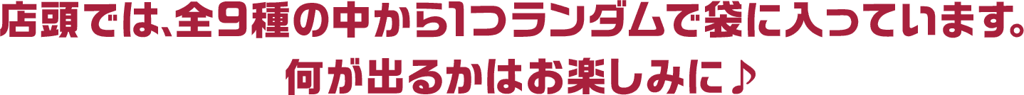 店頭では､全9種の中から1つランダムで袋に入っています。何が出るかはお楽しみに♪