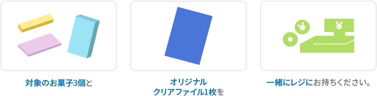 対象のお菓子3個とオリジナルクリアファイル1枚を一緒にレジにお持ちください。