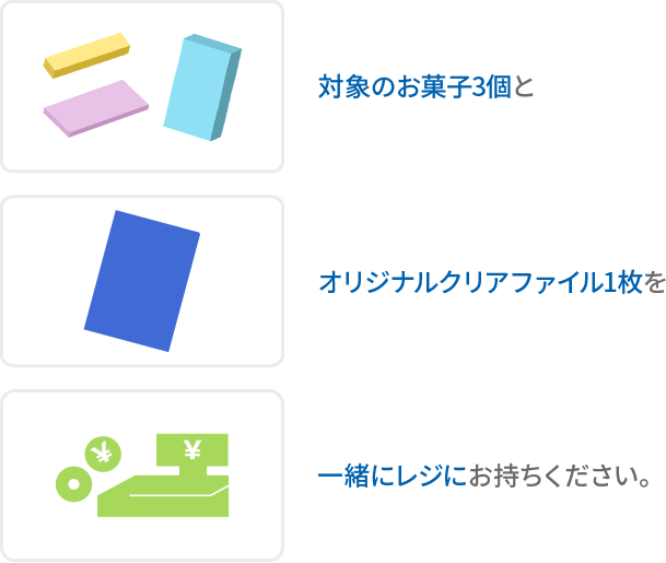 対象のお菓子3個とオリジナルクリアファイル1枚を一緒にレジにお持ちください。