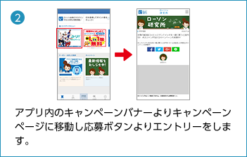 アプリ内のキャンペーンバナーよりキャンペーンページに移動し応募ボタンよりエントリーをします。