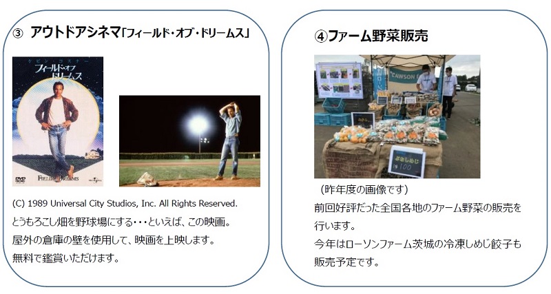 ③アウトドアシネマ　④ファーム野菜販売