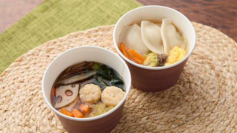 食物繊維が摂れる　鶏つくねと根菜の和風ス―プ　たんぱく質が摂れる　もちもち餃子中華スープ～春雨入り～