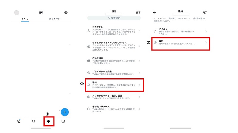 Twitterの設定→通知→設定