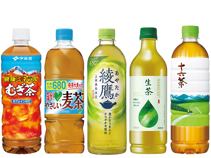 伊藤園 健康ミネラルむぎ茶 670ml／サントリー GREEN ダ・カ・ラ やさしい麦茶 680ml／コカ・コーラ 綾鷹 650ml／キリン 生茶 600ml／アサヒ 十六茶 660ml