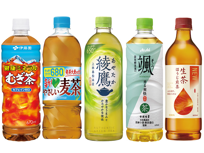 伊藤園 健康ミネラルむぎ茶 670ml／サントリー グリーンダ・カ・ラ やさしい麦茶 680ml／コカ・コーラ 綾鷹 650ml／アサヒ 颯 620ml／キリン 生茶 ほうじ煎茶 600ml