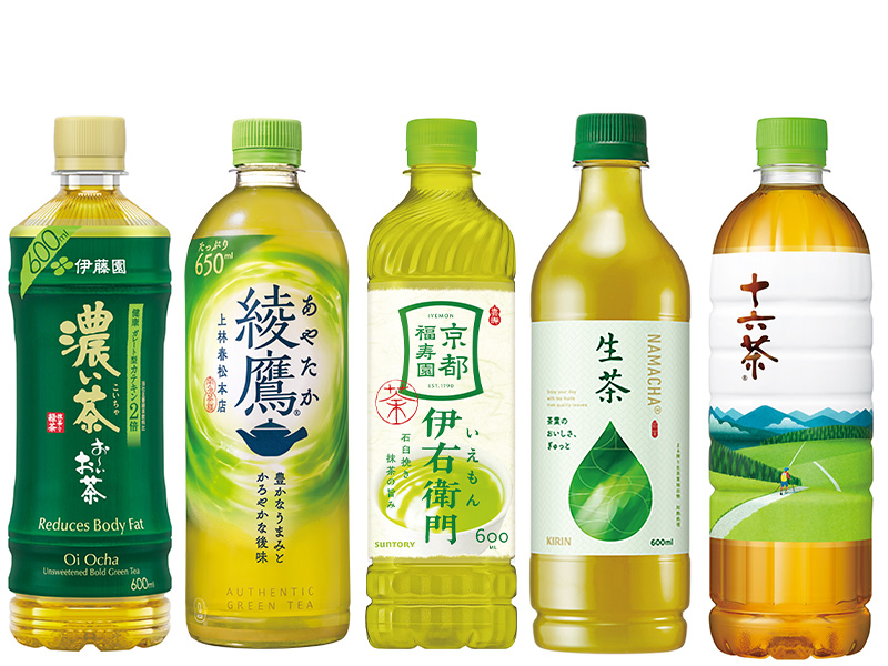 伊藤園 健康ミネラルむぎ茶 670ml／サントリー GREEN ダ・カ・ラ やさしい麦茶 680ml／コカ・コーラ 綾鷹 650ml／キリン 生茶 600ml／アサヒ 十六茶 660ml